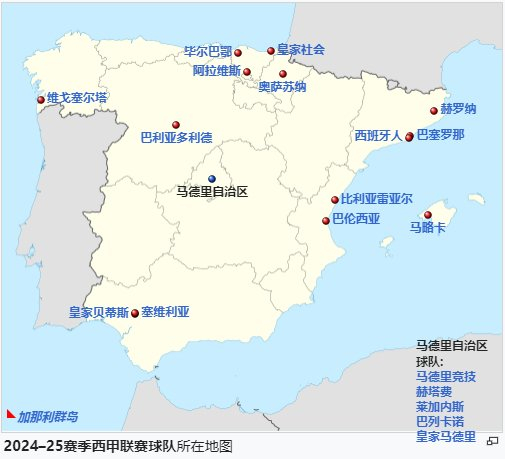 新賽季西甲20支球隊(duì)地理位置