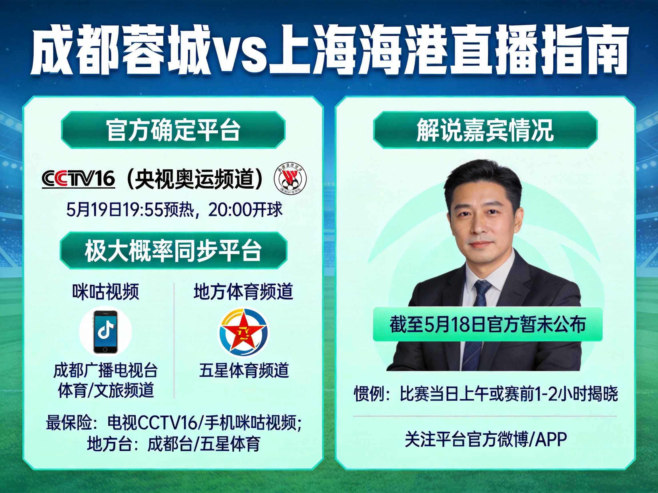 2026中超蓉城對陣海港，官方直播平臺及解說有哪些