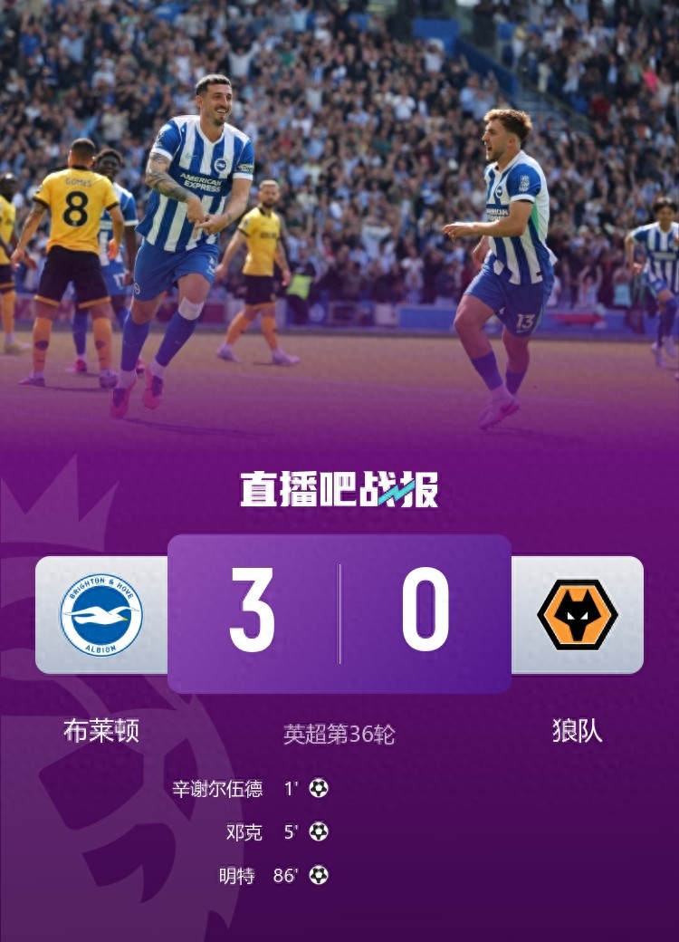 英超-布萊頓3-0送狼隊6輪不勝 辛謝爾伍德36秒閃擊鄧克、明特破門
