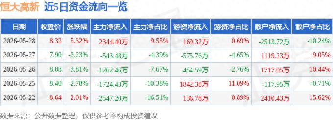 恒大高新（002591）5月28日主力資金凈買入2344.40萬元